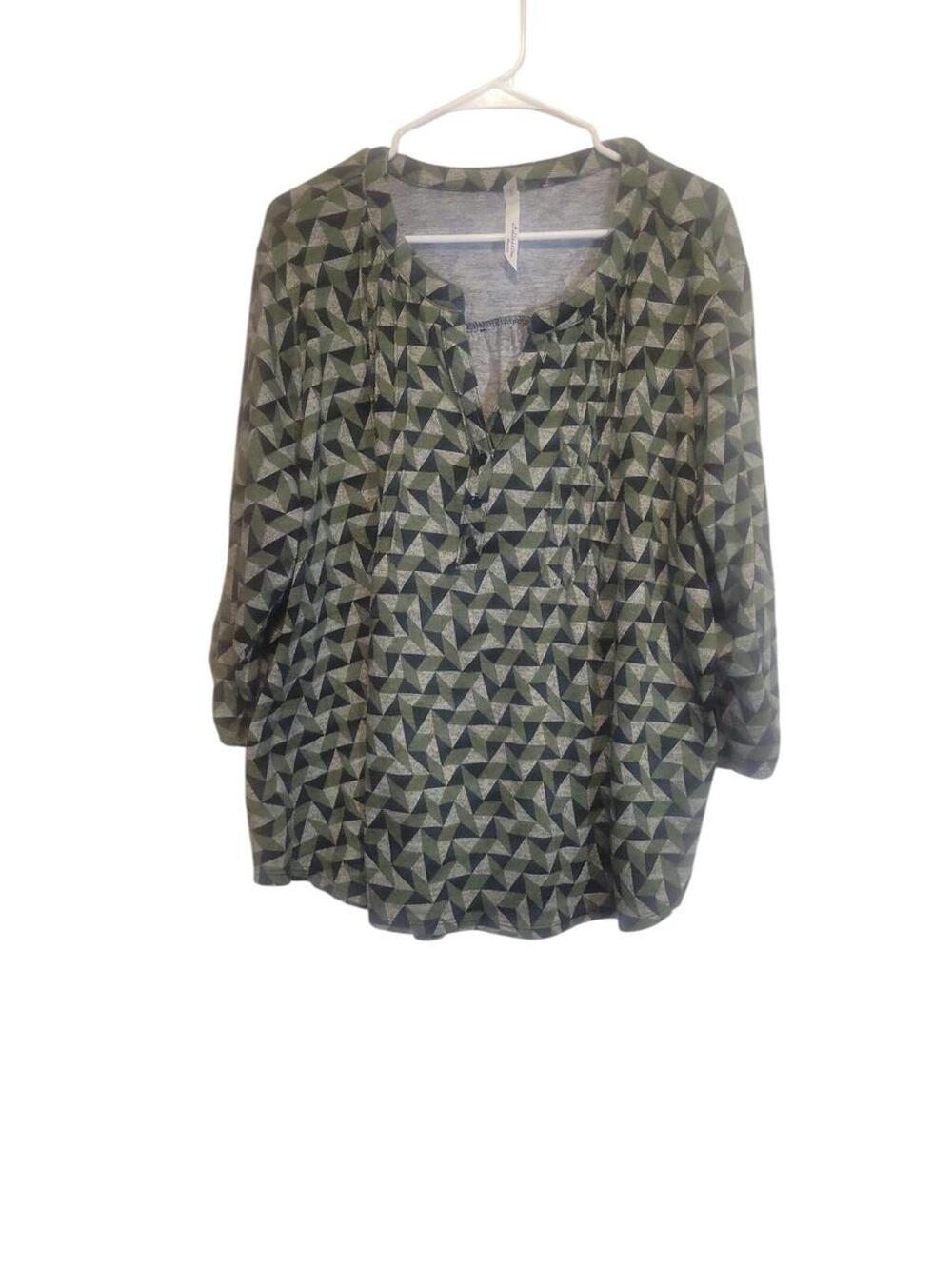 NY Collection Green Black Geometric Print Long Sleeve Blouse Size 3X